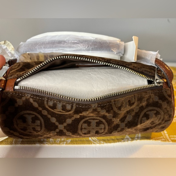 Tory Burch Brown T Monogrammed Flocked Cylinder Bag NWT - Picture 6 of 6